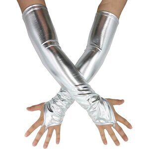 Women's Fingerless Shiny Metallic Spandex Silver Fashion Long Elastic Gloves